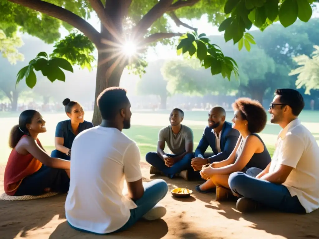 Un grupo diverso de individuos comprometidos en una profunda conversación bajo la sombra de un árbol