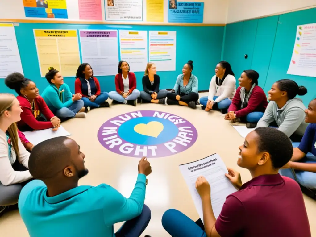 Grupo diverso participa en iniciativas comunitarias educación derechos humanos en aula iluminada, discutiendo animadamente