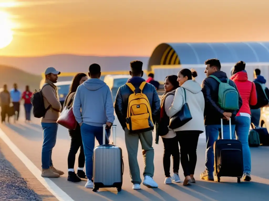 Un grupo diverso de inmigrantes espera en la frontera al atardecer, mostrando esperanza y determinación a pesar de la incertidumbre