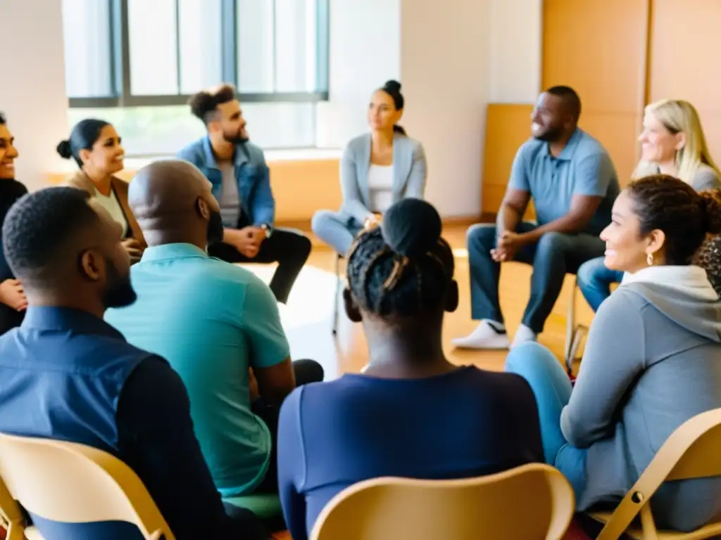 Grupo diverso de inmigrantes y refugiados participando en una sesión de apoyo a la salud mental