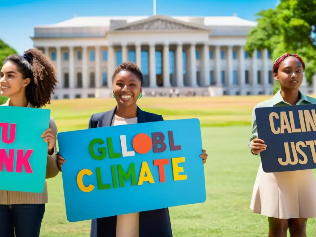 Un grupo diverso de jóvenes activistas sostiene carteles coloridos exigiendo justicia climática y protección del planeta