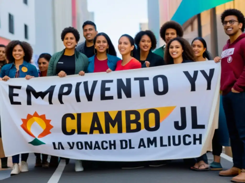 Grupo diverso de jóvenes activistas unidos y decididos frente a un banner de 'Empoderamiento y liderazgo jóvenes derechos humanos', transmitiendo pasión y esperanza bajo la luz cálida del sol