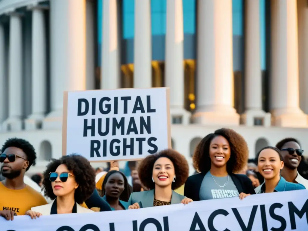 Un grupo diverso de jóvenes activistas sostiene pancartas con mensajes poderosos en apoyo al activismo digital por los derechos humanos globales frente a un edificio gubernamental, mostrando determinación y pasión en sus ojos