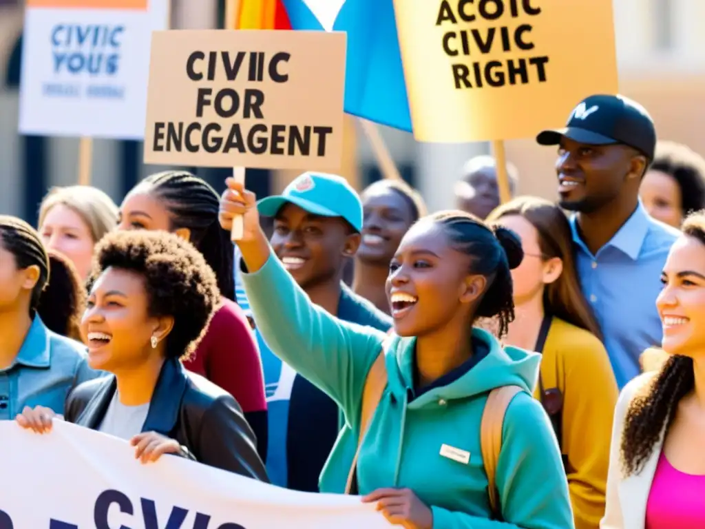 Jóvenes activistas promoviendo cambio y derechos humanos en la plaza Grupo diverso de jóvenes activistas promoviendo la participación cívica y los derechos humanos en una plaza