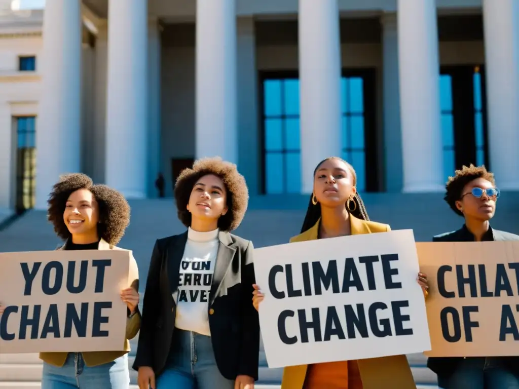 Grupo diverso de jóvenes activistas sostienen pancartas con mensajes sobre el cambio climático frente a un edificio gubernamental