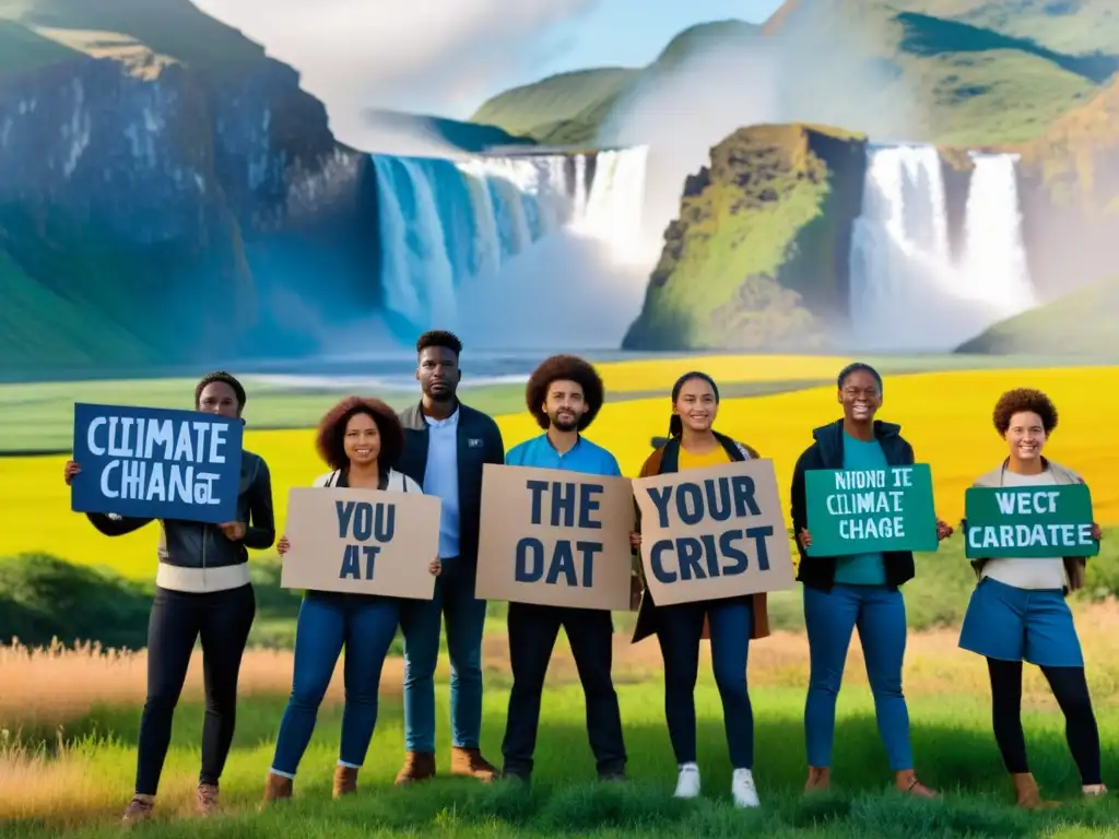 Un grupo diverso de jóvenes activistas sostiene carteles con mensajes sobre cambio climático, en un paisaje impactante