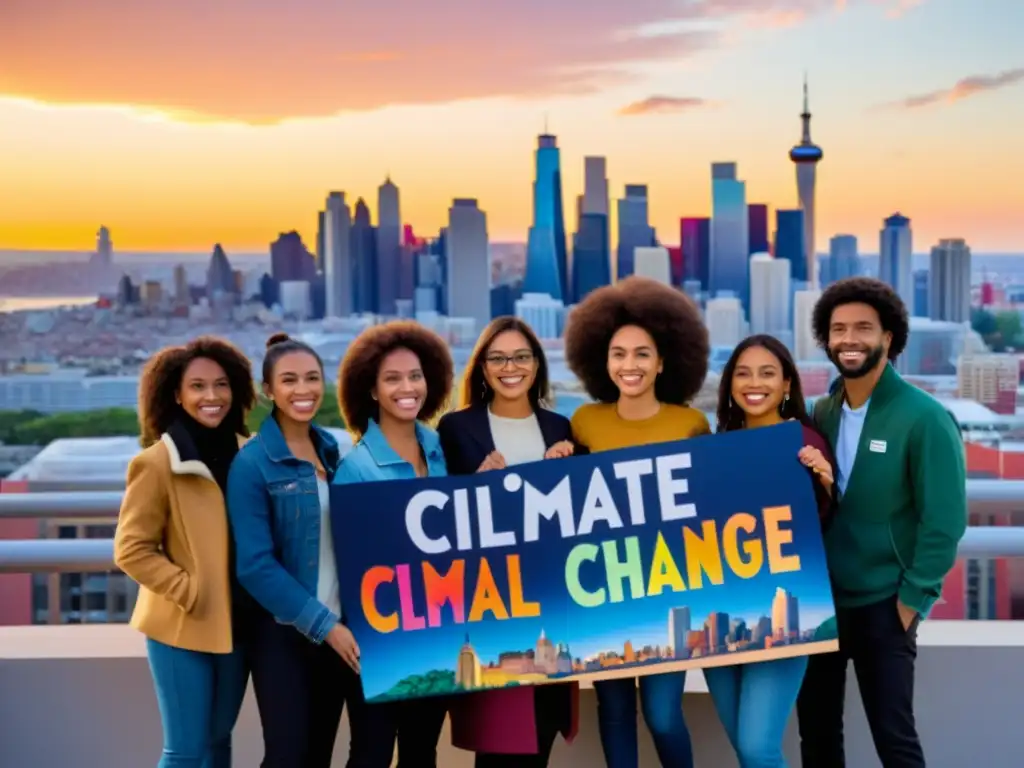 Grupo diverso de jóvenes activistas con carteles sobre activismo climático, unidos frente a la ciudad