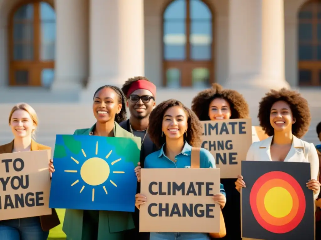 Grupo diverso de jóvenes activistas sostienen pancartas por el activismo climático juvenil derechos humanos, demostrando determinación y pasión