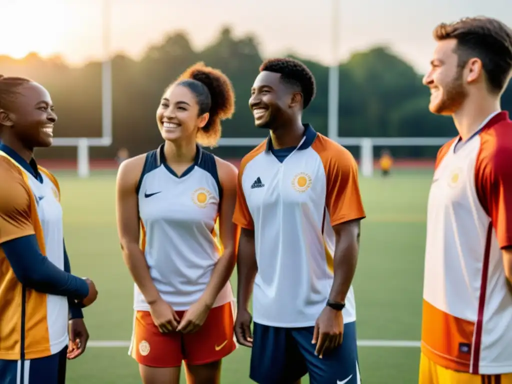 Un grupo diverso de jóvenes atletas en un campo deportivo, unidos, sonrientes y usando uniformes