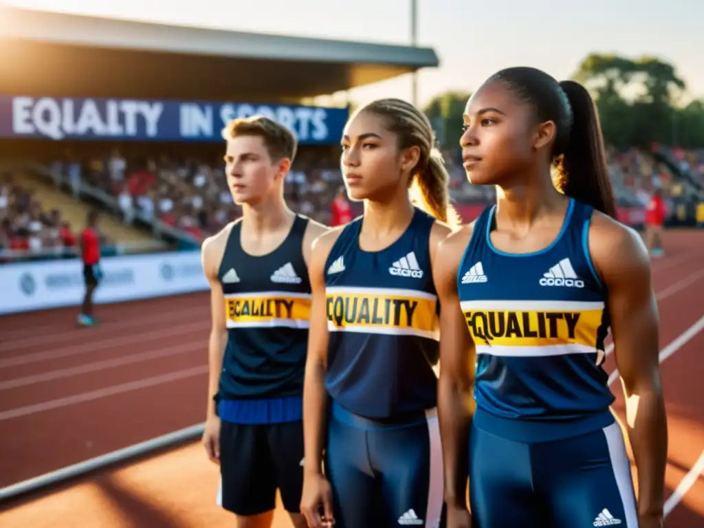 Un grupo diverso de jóvenes atletas se prepara para competir en una pista, destacando la diversidad racial en el deporte