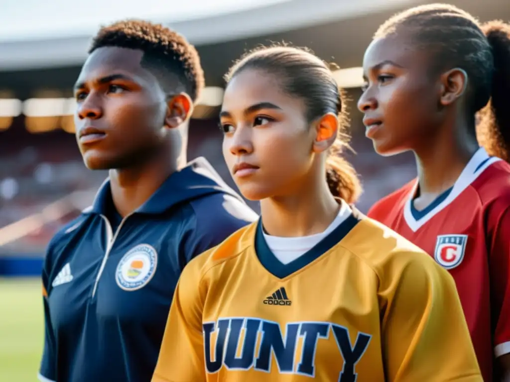 Un grupo diverso de jóvenes atletas, unidos y determinados en el campo, mostrando la diversidad racial en el deporte