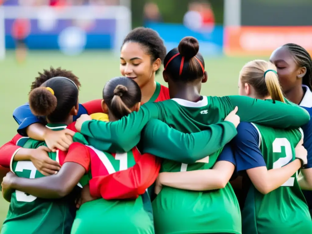 Un grupo diverso de jóvenes atletas se unen con pasión y determinación en un campo deportivo, irradiando integración a través del deporte