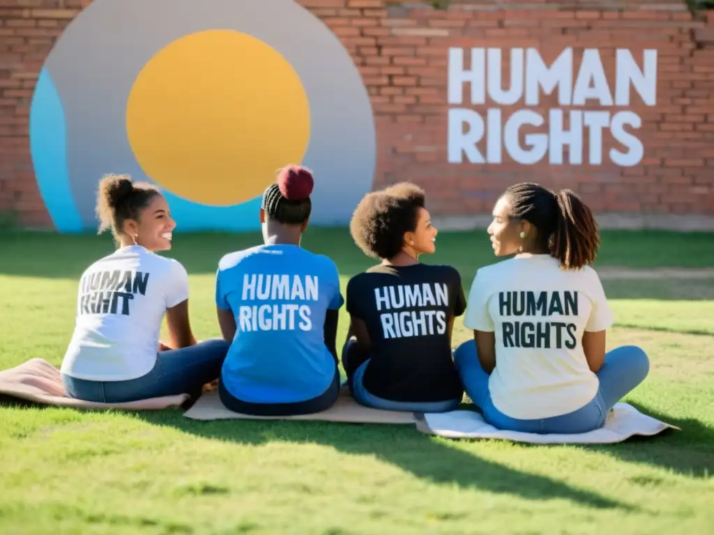 Jóvenes activistas debaten sobre derechos humanos en un campo soleado Un grupo diverso de jóvenes con camisetas de derechos humanos discuten animadamente en un campo
