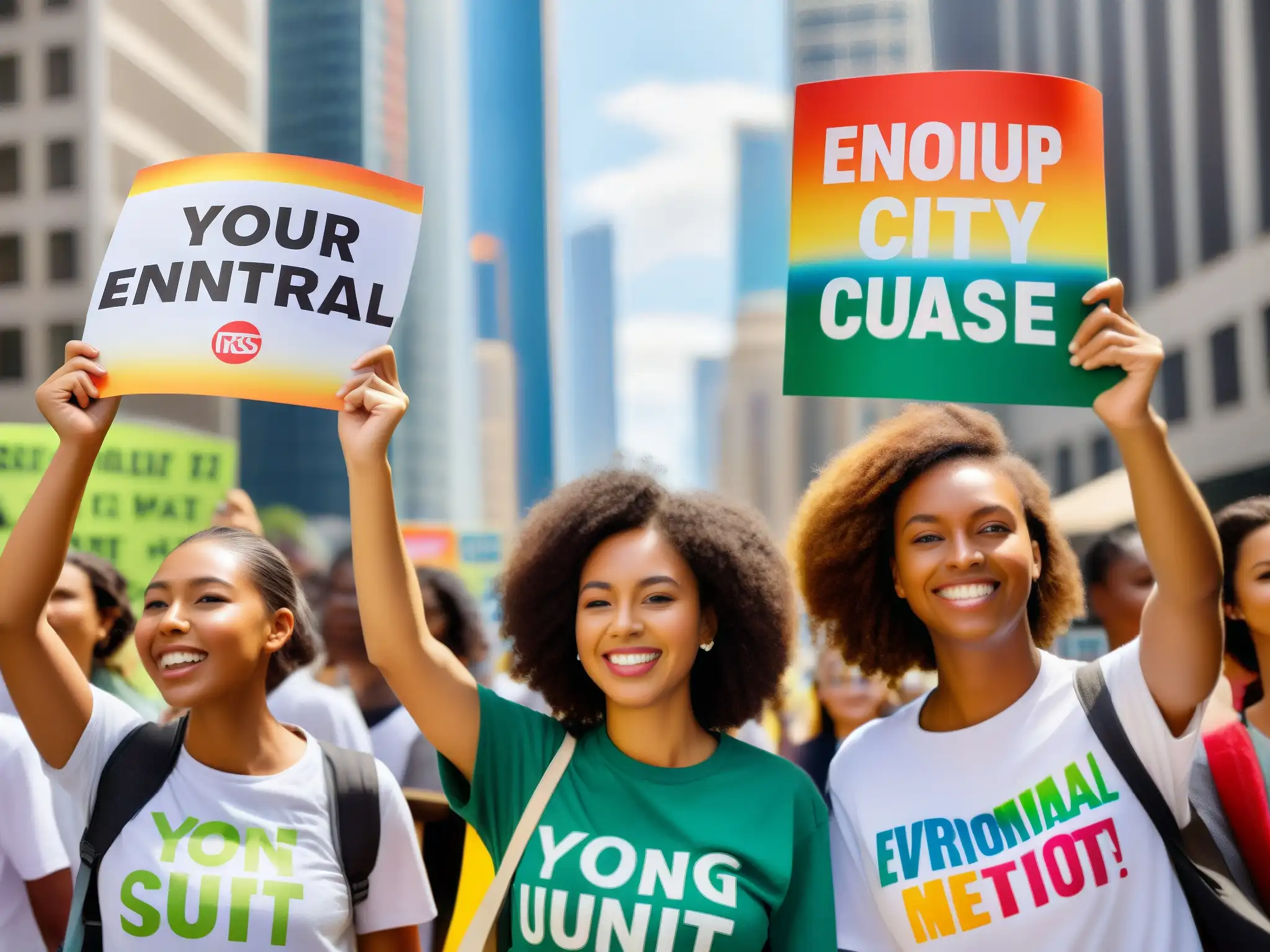 Un grupo diverso de jóvenes lleva camisetas de campaña ambiental y sostiene carteles pintados a mano con mensajes poderosos sobre el medio ambiente