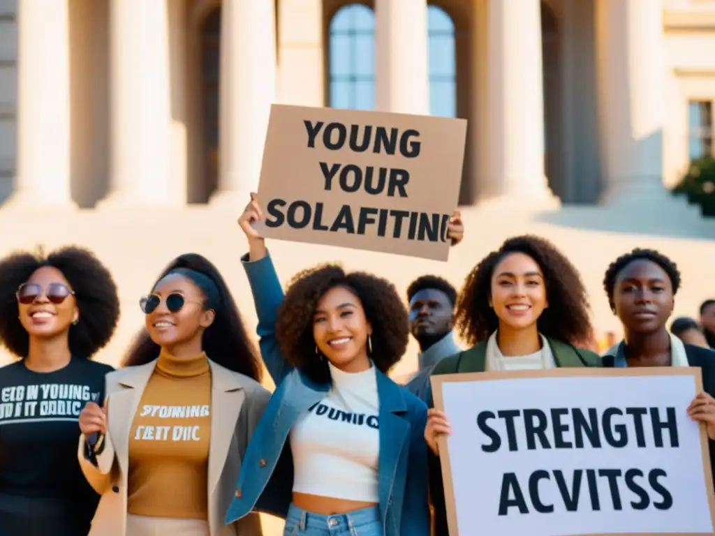Jóvenes activistas empoderados en acción Grupo diverso de jóvenes con carteles de mensajes empoderadores frente a un edificio gubernamental