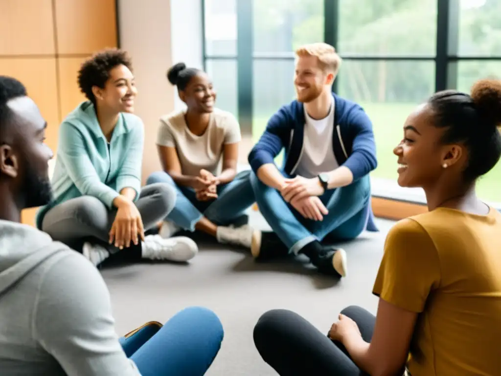 Grupo diverso de jóvenes en círculo, brindándose apoyo y solidaridad en sesión de salud mental