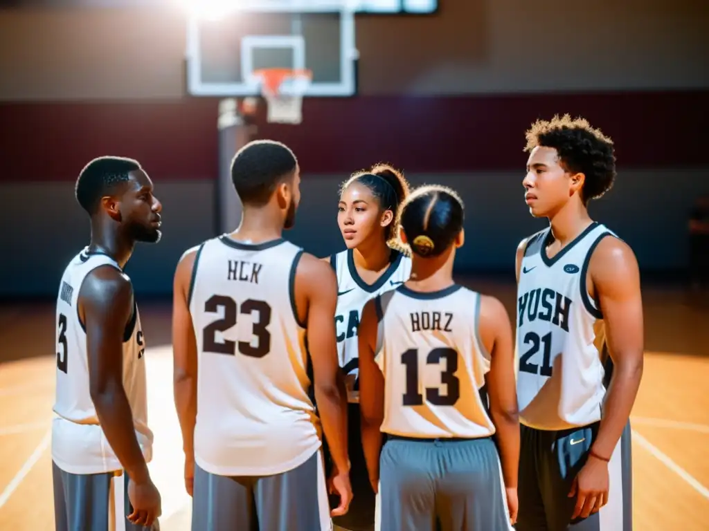 Un grupo diverso de jóvenes jugadores de baloncesto en círculo, escuchando atentamente a su entrenador al atardecer