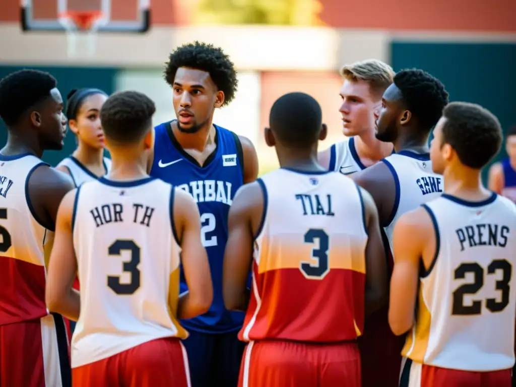 Un grupo diverso de jóvenes jugadores de baloncesto se reúnen alrededor del entrenador para recibir ánimo antes del juego