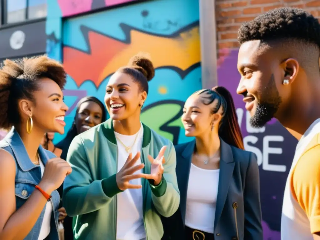 Grupo diverso de jóvenes líderes discuten estrategias para campañas de medios sociales movilizan jóvenes, rodeados de arte urbano colorido