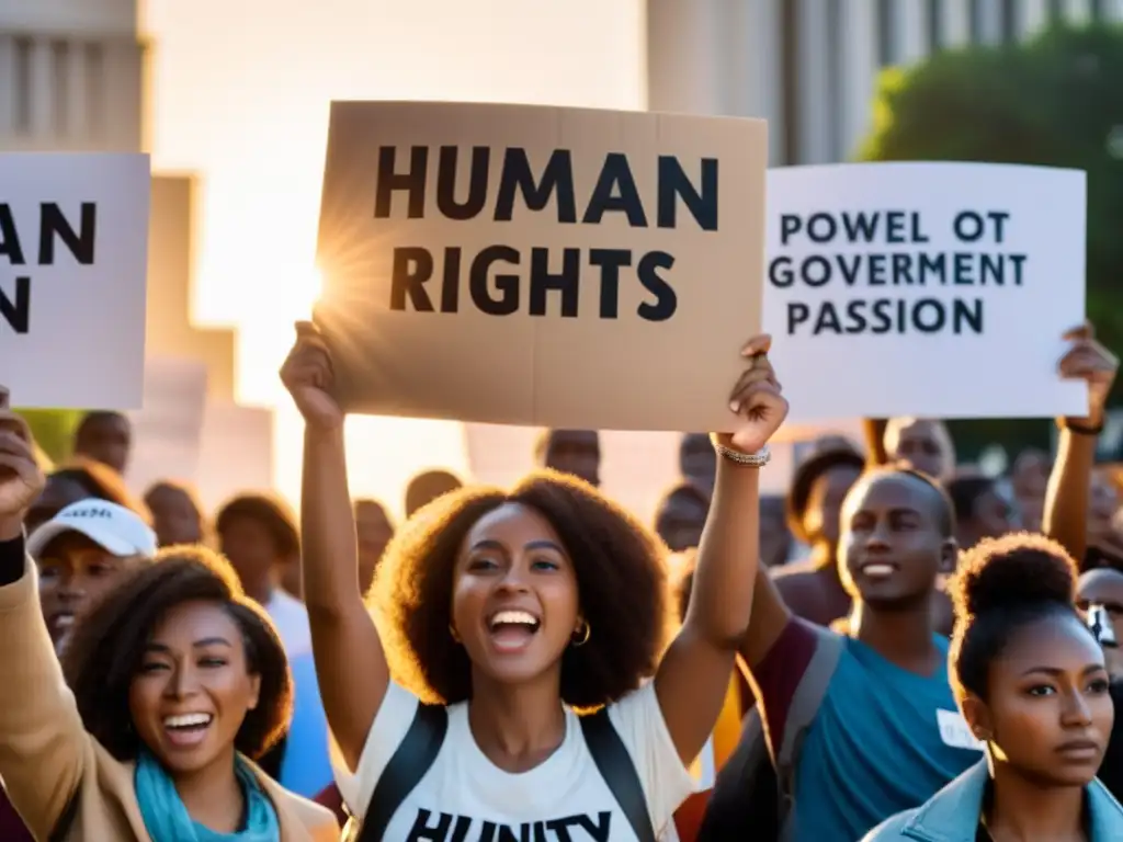 Manifestación por los derechos humanos: juventud diversa y determinada Un grupo diverso de jóvenes sostiene pancartas con mensajes poderosos en defensa de los derechos humanos frente a un edificio gubernamental, con determinación y pasión en sus ojos