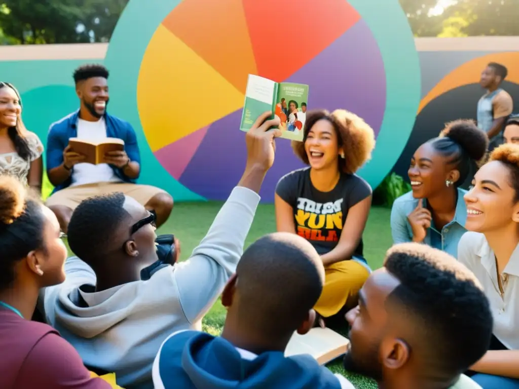 Un grupo diverso de jóvenes se reúne en un parque, discutiendo apasionadamente mientras sostienen libros coloridos