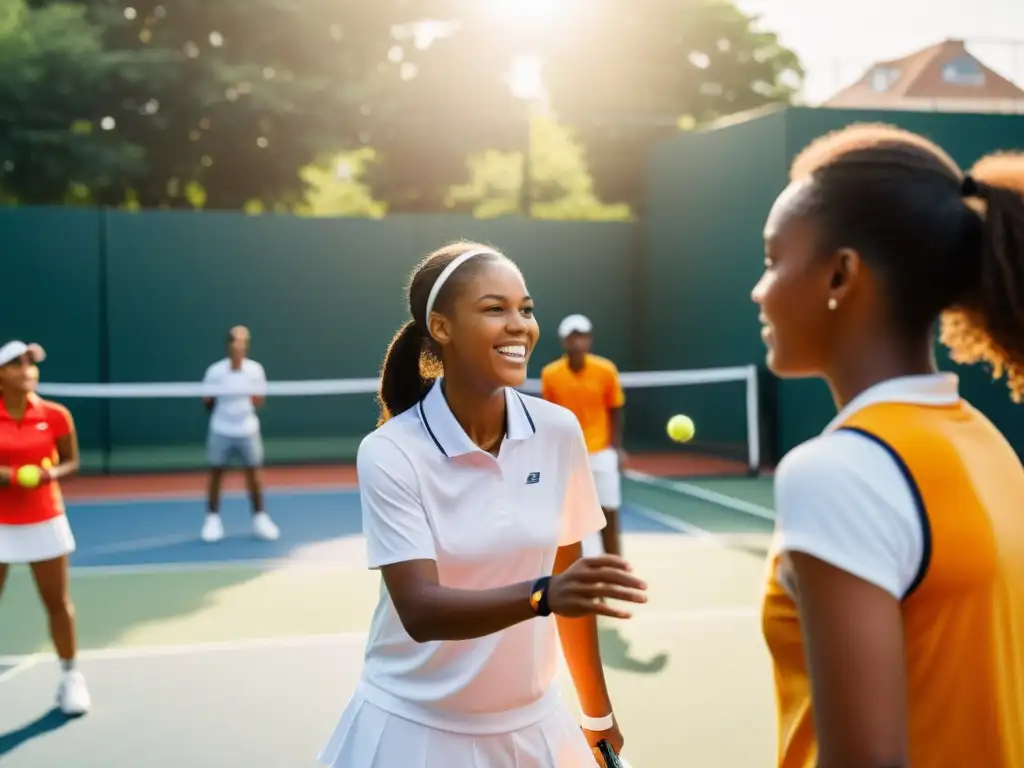 Un grupo diverso de jóvenes, vistiendo ropa de tenis, juega amistosamente en una cancha de tenis bien cuidada en un entorno urbano vibrante