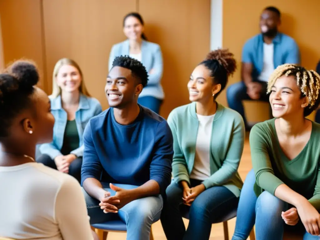 Un grupo diverso de jóvenes se apoya mutuamente en una sesión de apoyo a la salud mental juvenil, mostrando empatía y comunidad