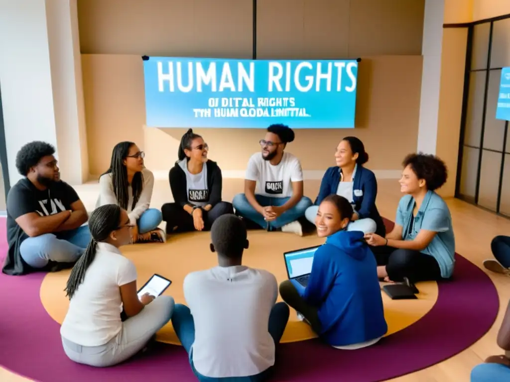 Un grupo diverso de jóvenes participa en un taller de activismo digital derechos humanos globales, colaborando con pasión y determinación