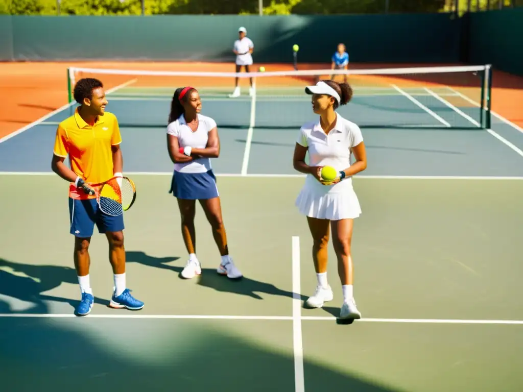 Un grupo diverso de jóvenes tenistas se prepara para el juego en la cancha de tenis, mostrando determinación y espíritu de equipo