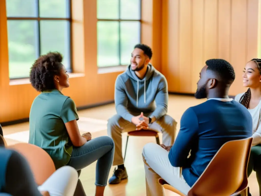 Grupo diverso de jóvenes en terapia, creando un ambiente cálido y acogedor, garantizando derechos de salud mental