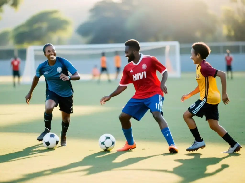 Grupo diverso disfruta de un juego de fútbol en comunidad, promoviendo integración y derechos humanos para personas con VIH/SIDA