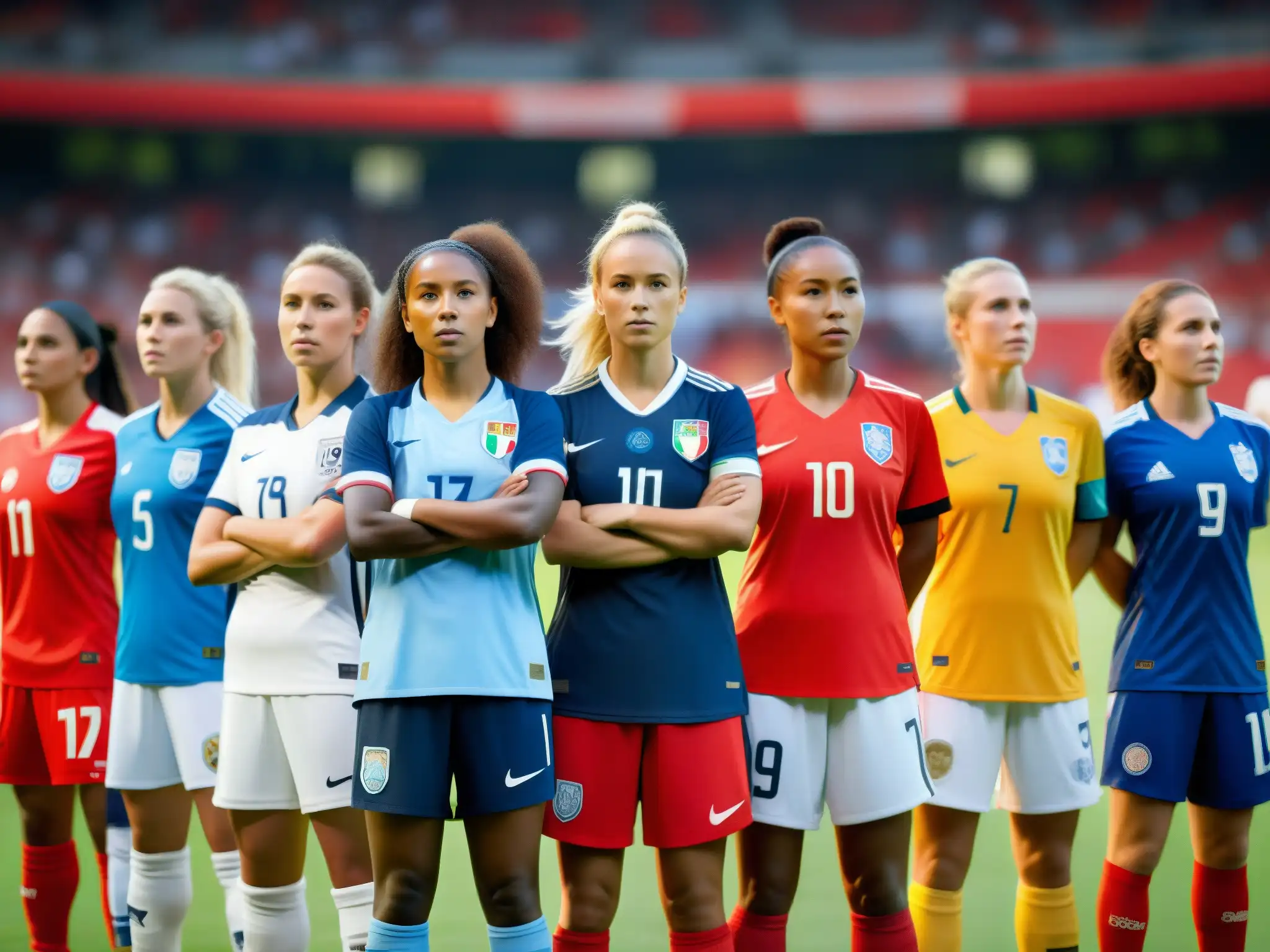 Un grupo diverso de jugadoras de fútbol de diferentes países, unidas en el campo en una postura poderosa y determinada