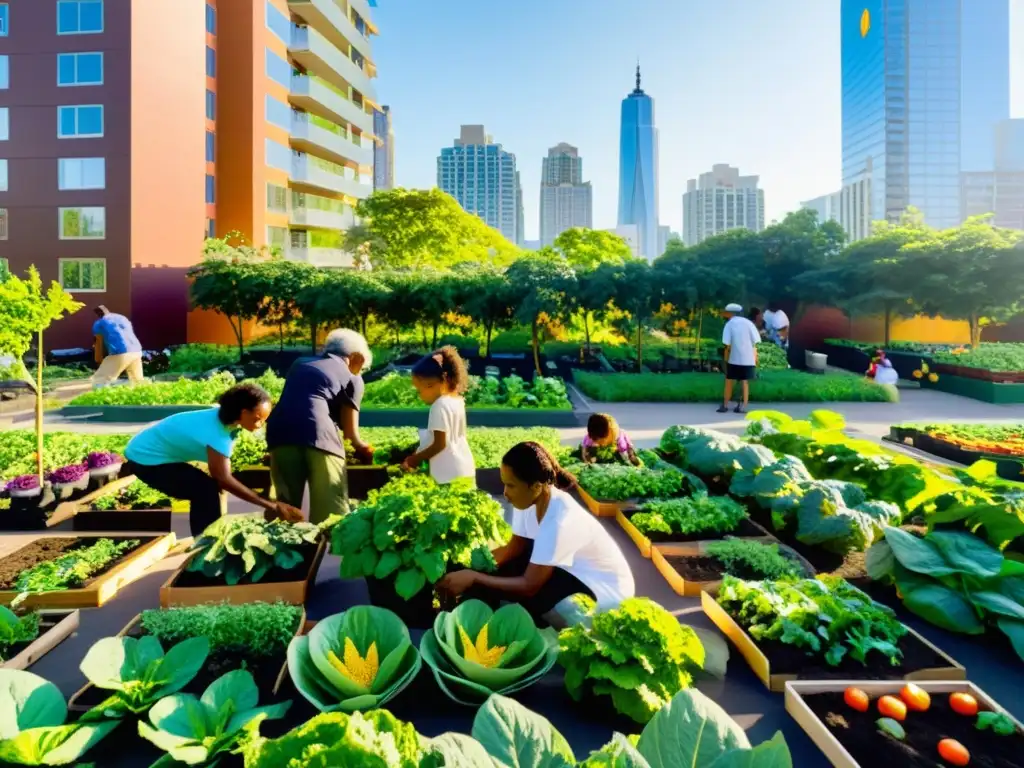 Un grupo diverso cuida juntos un jardín comunitario, simbolizando el equilibrio necesario entre derechos humanos, sostenibilidad y vida urbana