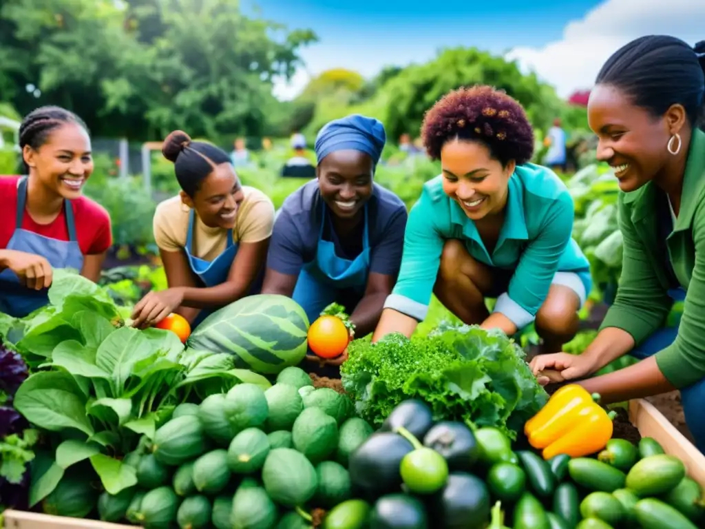 Un grupo diverso cuida juntos un huerto comunitario, simbolizando la cooperación para abordar desafíos globales