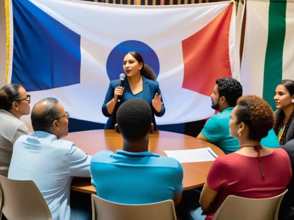 Grupo diverso de América Latina y el Caribe debatiendo sobre derechos humanos en una atmósfera de pasión y determinación