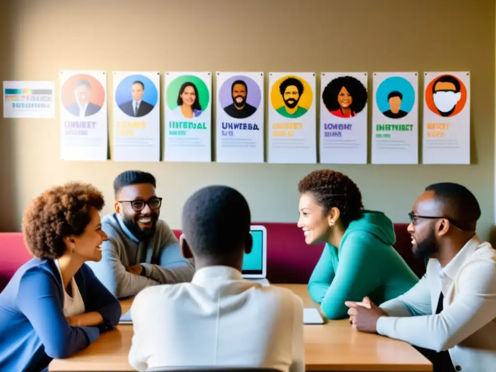 Un grupo diverso discute sobre legislaciones para garantizar acceso universal a internet, en una sala llena de luz y posters coloridos