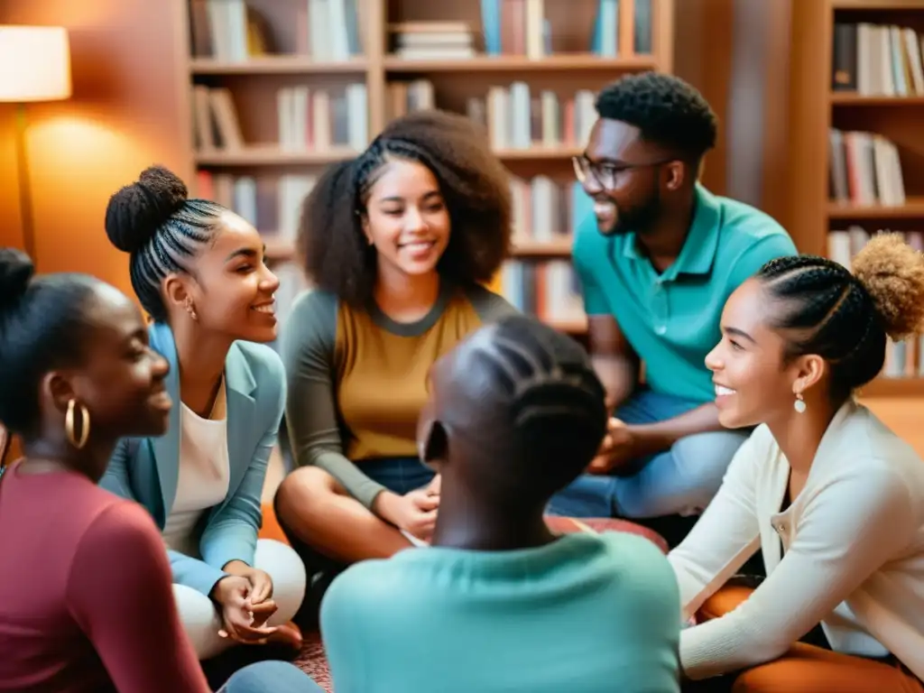 Un grupo diverso de jóvenes discute apasionadamente un libro controversial en una sala acogedora llena de libros