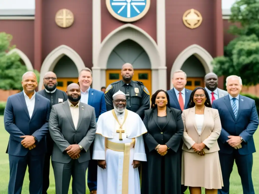 Un grupo diverso de líderes religiosos, miembros de la comunidad y autoridades de pie juntos frente a un lugar de culto, mostrando protección de lugares de culto y unidad en la colaboración