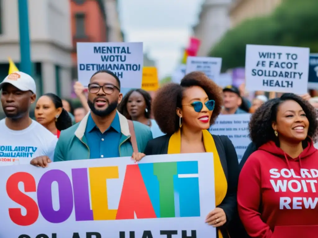 Un grupo diverso marcha por la salud mental, con carteles de apoyo y solidaridad, reflejando determinación y comunidad