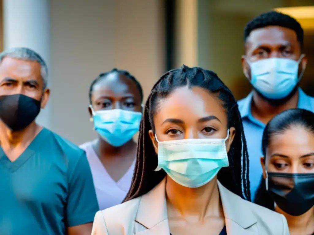 Grupo diverso con mascarillas afuera de un centro de salud, mostrando el impacto de la xenofobia en crisis sanitaria