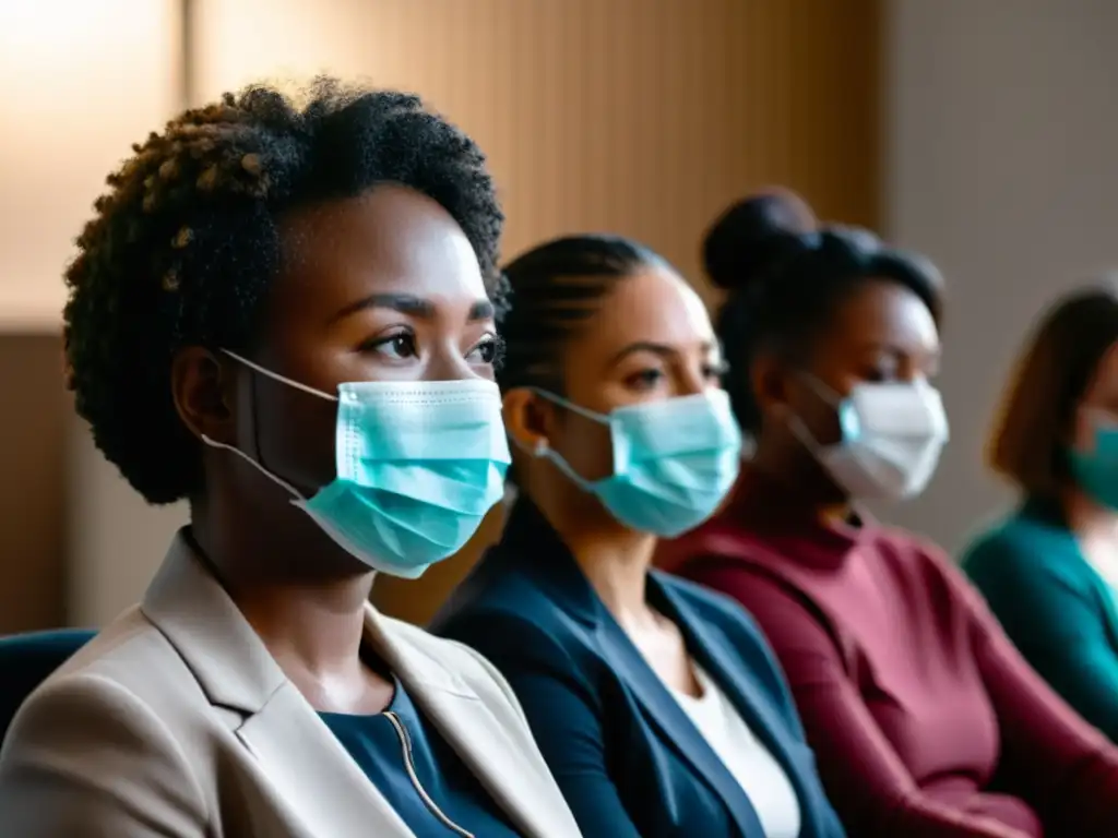 Grupo diverso usando mascarillas en sesión de apoyo a la salud mental