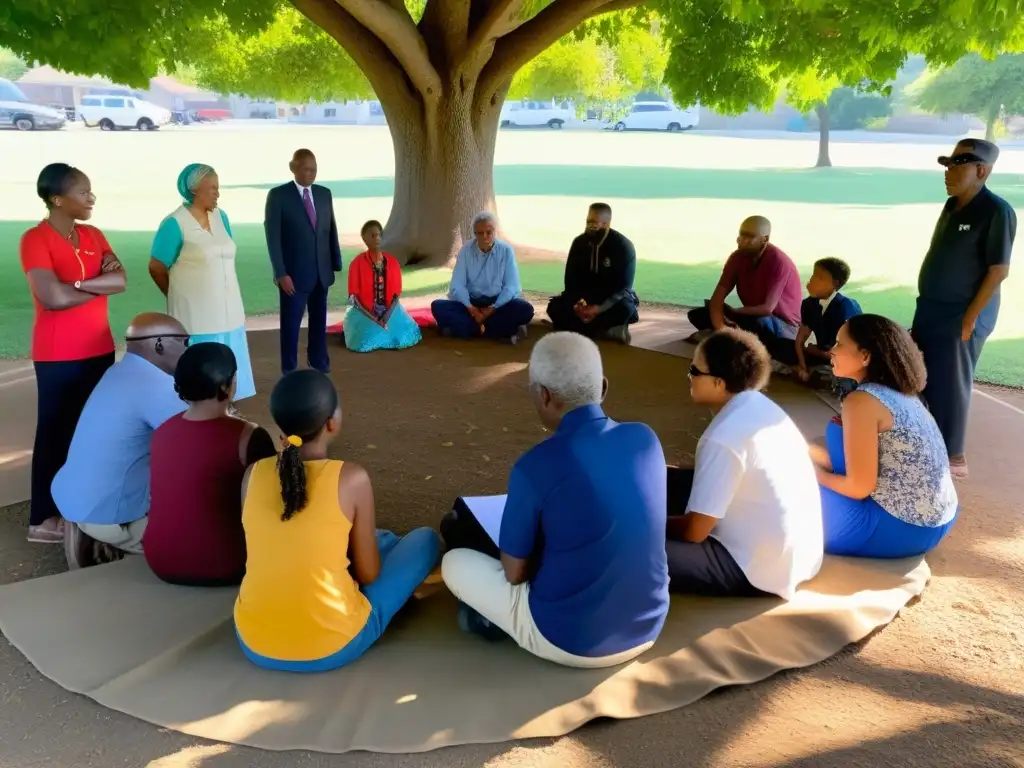 Un grupo diverso de miembros de la comunidad se reúne bajo un árbol, inmersos en una animada discusión