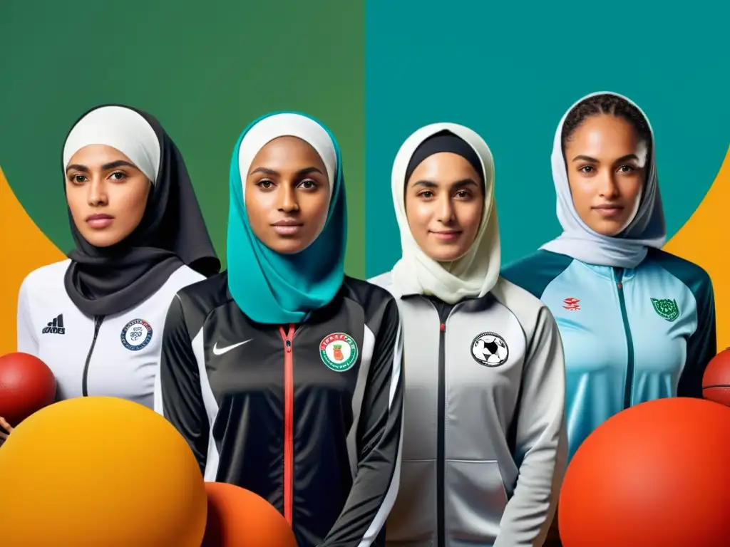 Un grupo diverso de mujeres atletas con hiyab compiten en varios deportes, desafiando normas