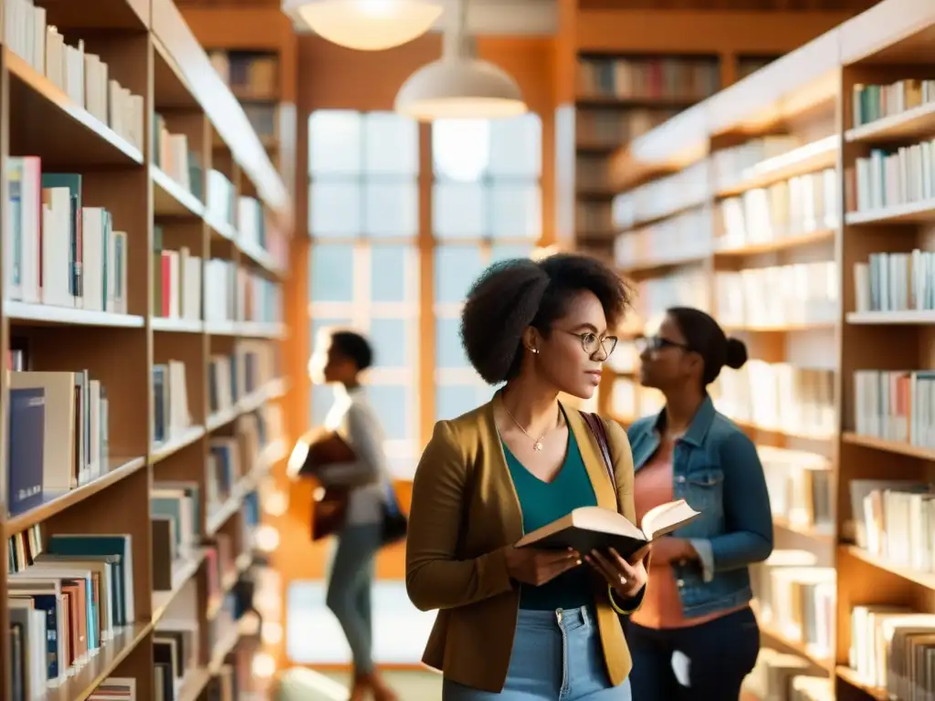 Un grupo diverso de mujeres se reúne en una biblioteca, inmersas en la literatura feminista, debatiendo apasionadamente sobre los libros