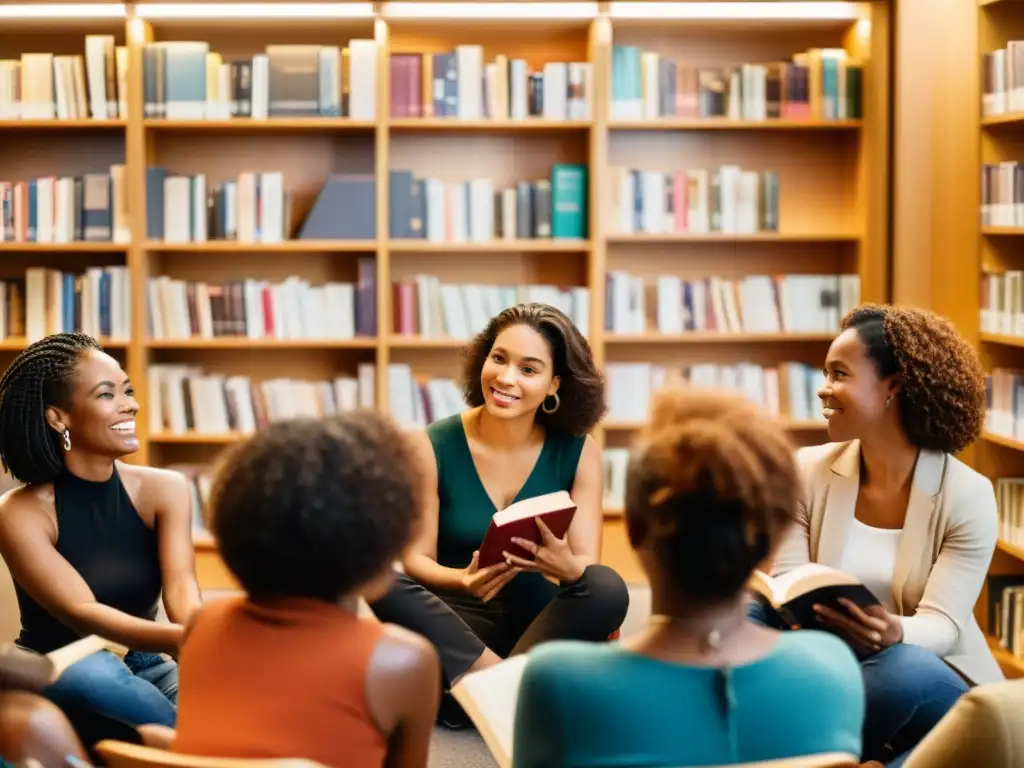 Un grupo diverso de mujeres se reúne en una biblioteca, discutiendo apasionadamente rodeadas de libros de activismo de género