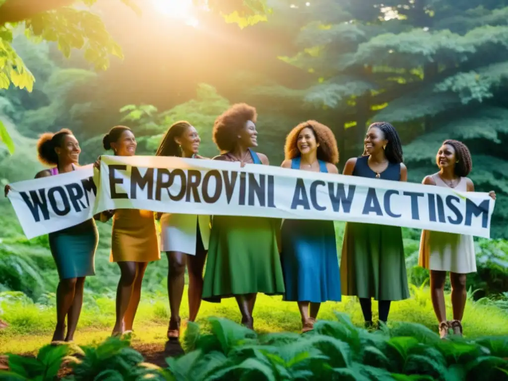 Grupo diverso de mujeres en el bosque con pancartas de liderazgo femenino en movimientos ambientales, irradiando fuerza y determinación