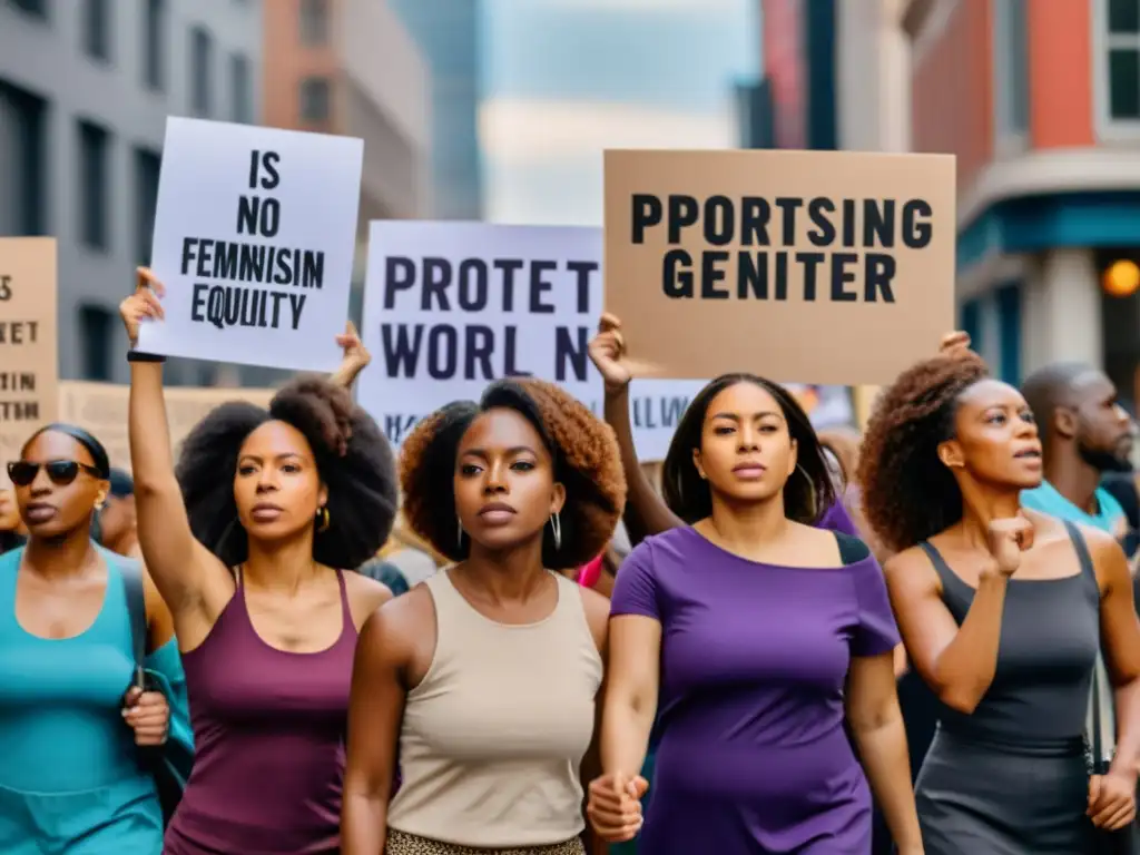 Un grupo diverso de mujeres marcha en la calle con pancartas de protesta, mostrando determinación y pasión por la igualdad de género