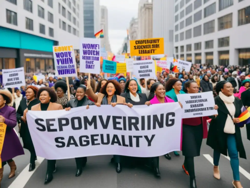 Un grupo diverso de mujeres marcha en la calle de la ciudad, sosteniendo pancartas con mensajes empoderadores en varios idiomas