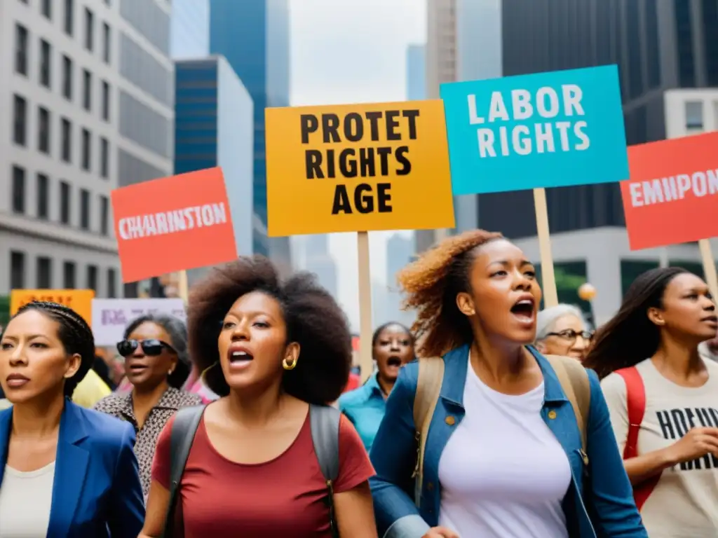 Grupo diverso de mujeres marchando por las calles de la ciudad con pancartas coloridas en protesta por los derechos laborales