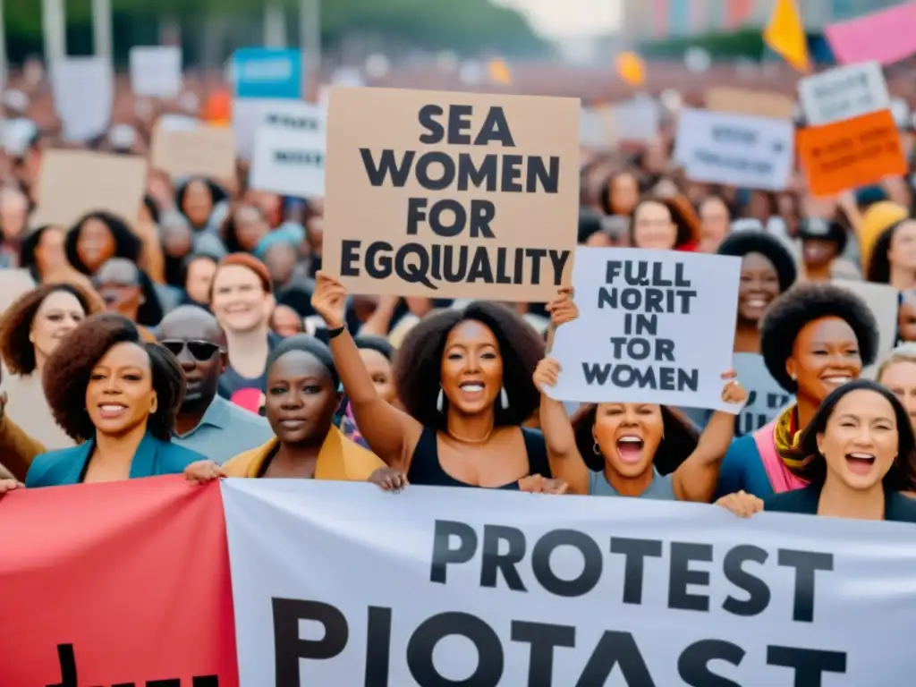 Un grupo diverso de mujeres sostiene carteles en una protesta por los derechos de la mujer, con determinación y pasión